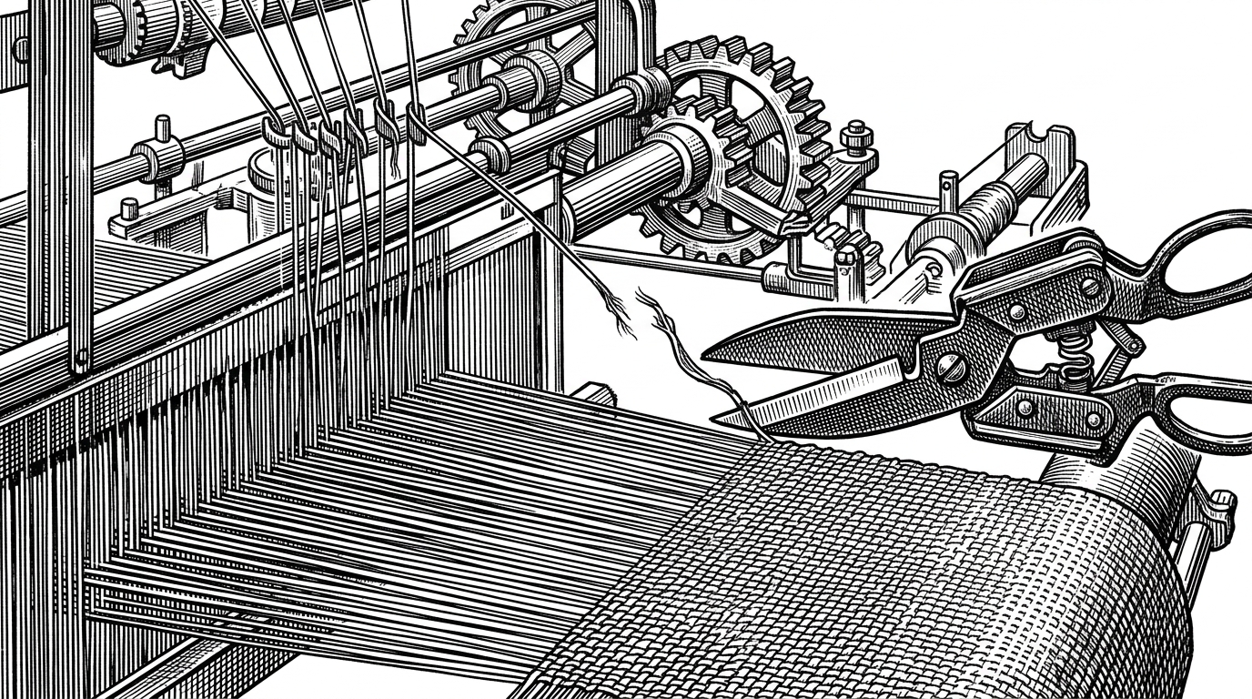 A vintage mechanical loom weaving hundreds of individual threads. One thread abruptly snaps, and a mechanical scissor instantly trims the excess line flush with the fabric, leaving no loose ends.