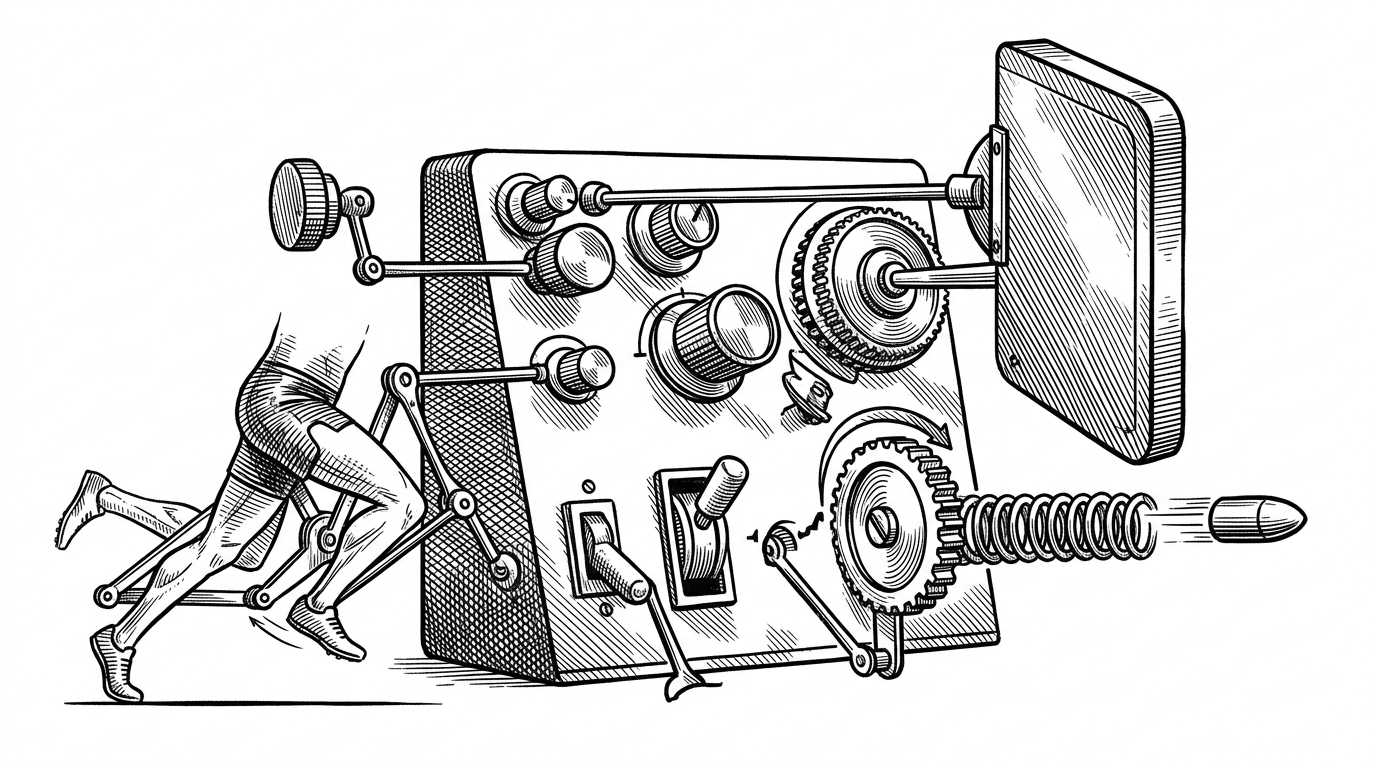 A compact control panel covered in knobs and toggles, each one attached to a different mechanical effect in the match. It explains how DVARs let small adjustments reshape the whole game feel.