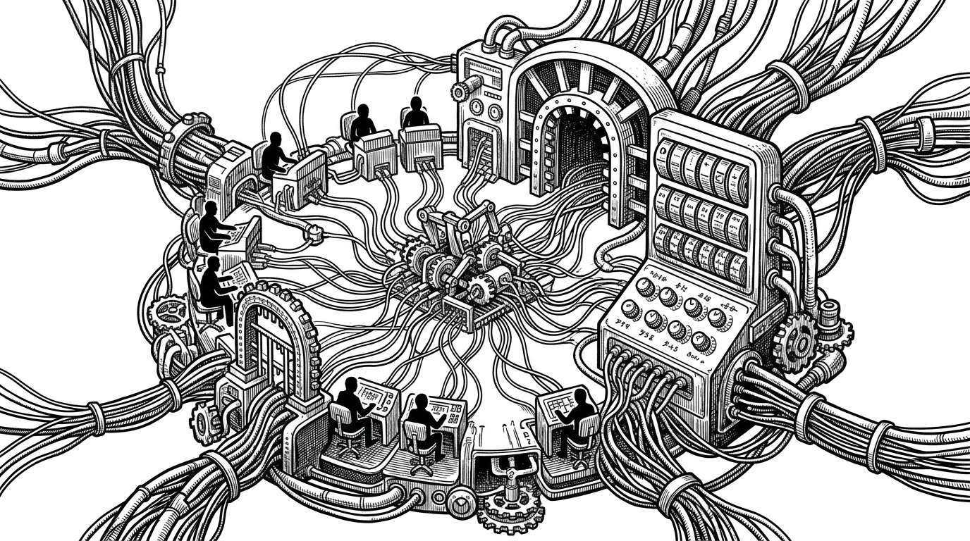 A wide control room reimagined as a game server's nervous system, with a central switching console sending lines to player silhouettes, spawn gates, score dials, and tuning knobs. It explains that the repo is not just a pile of scripts, but the logic layer that routes events through the match.