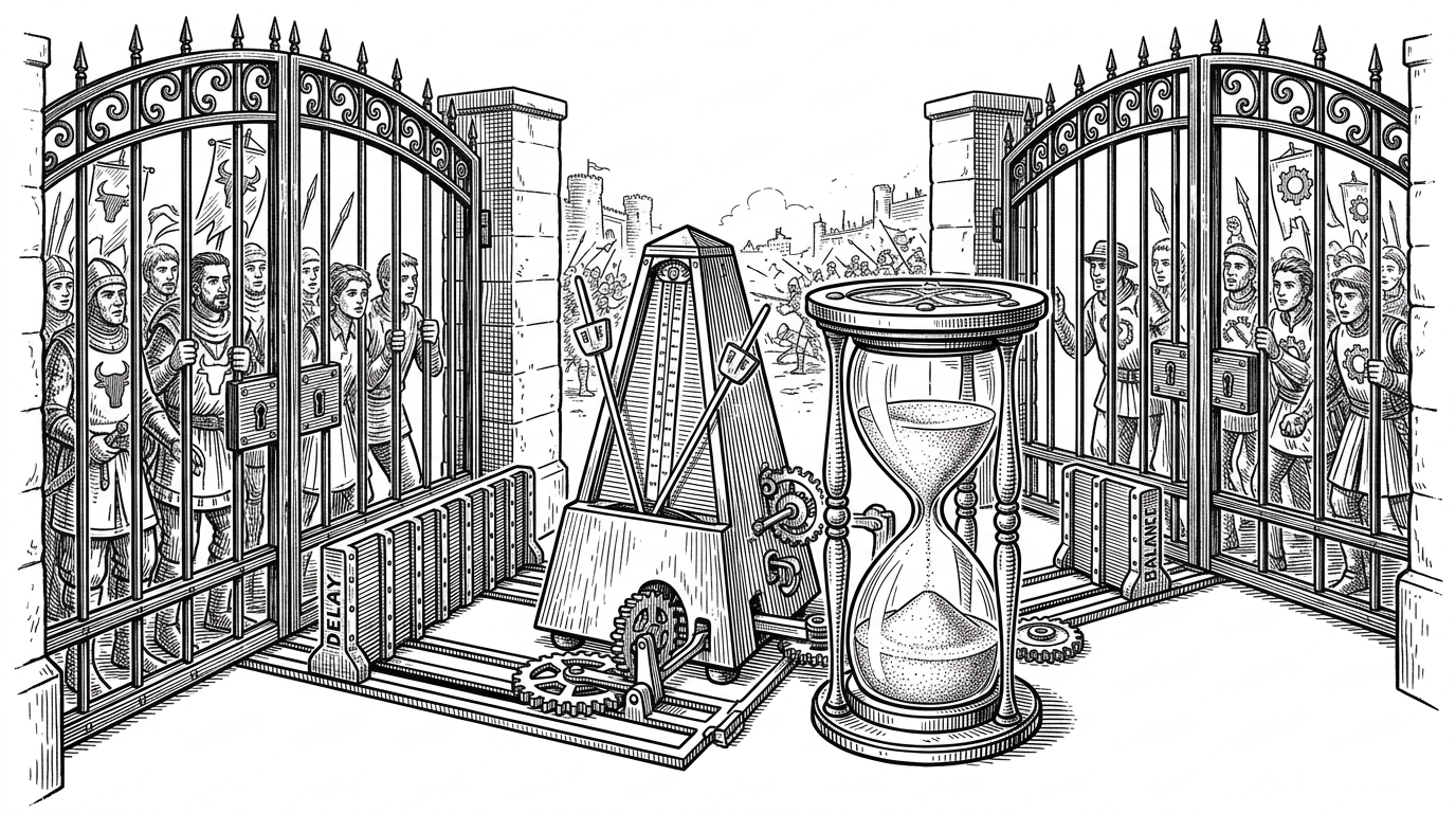 Two teams wait behind separate gates while a metronome and sliding barriers control when players can re-enter the field. It explains that spawn logic is a timed pressure valve, not a simple respawn switch.