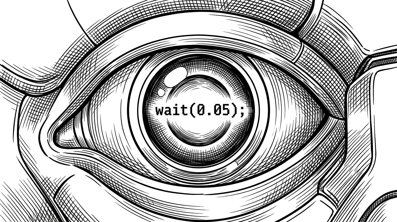 A close-up of a robotic eye with a wait command in the iris.