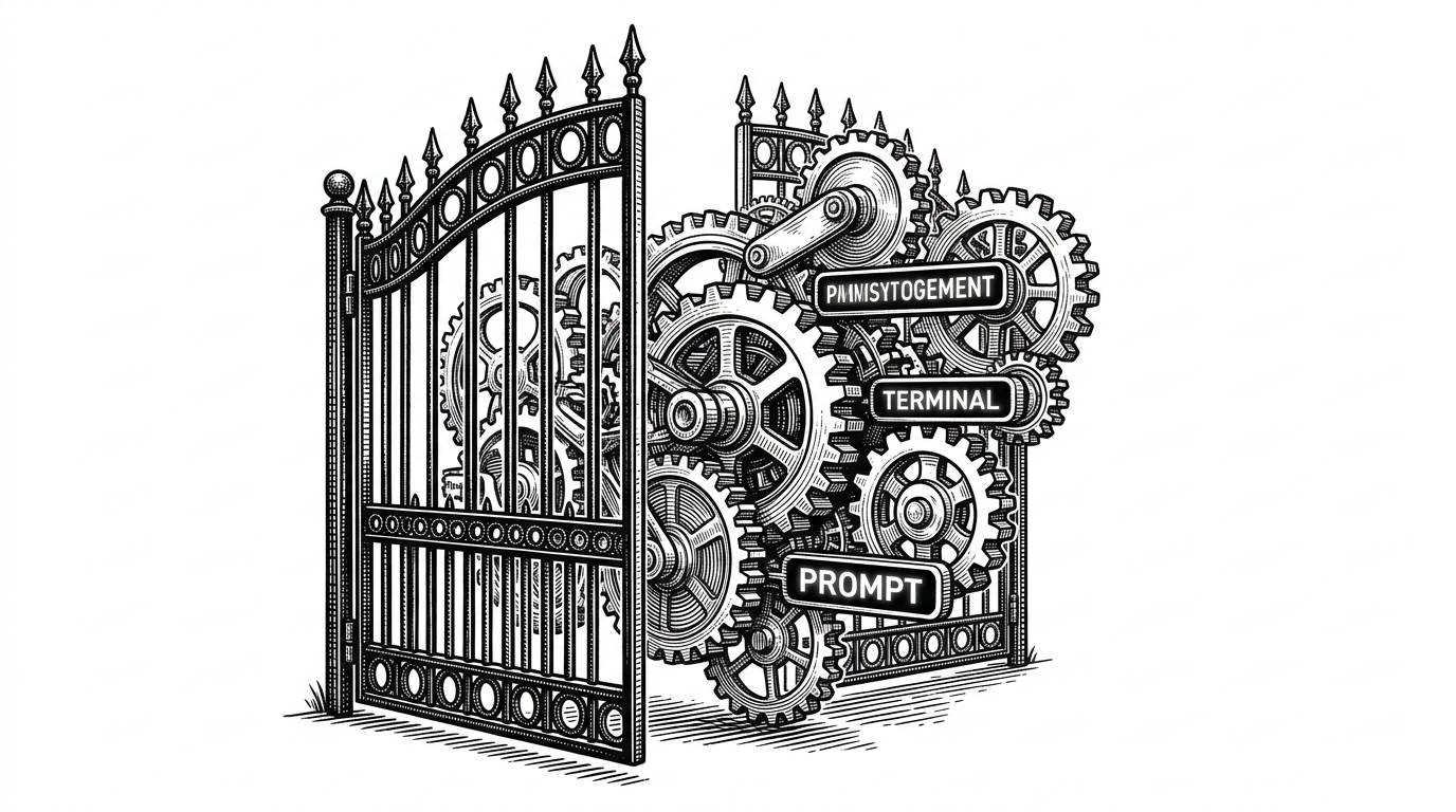 A heavy iron gate slightly ajar, with complex mechanical terminal gears pushing through the gap. This illustrates the concept of open-source terminal tools brute-forcing access to closed ecosystems.