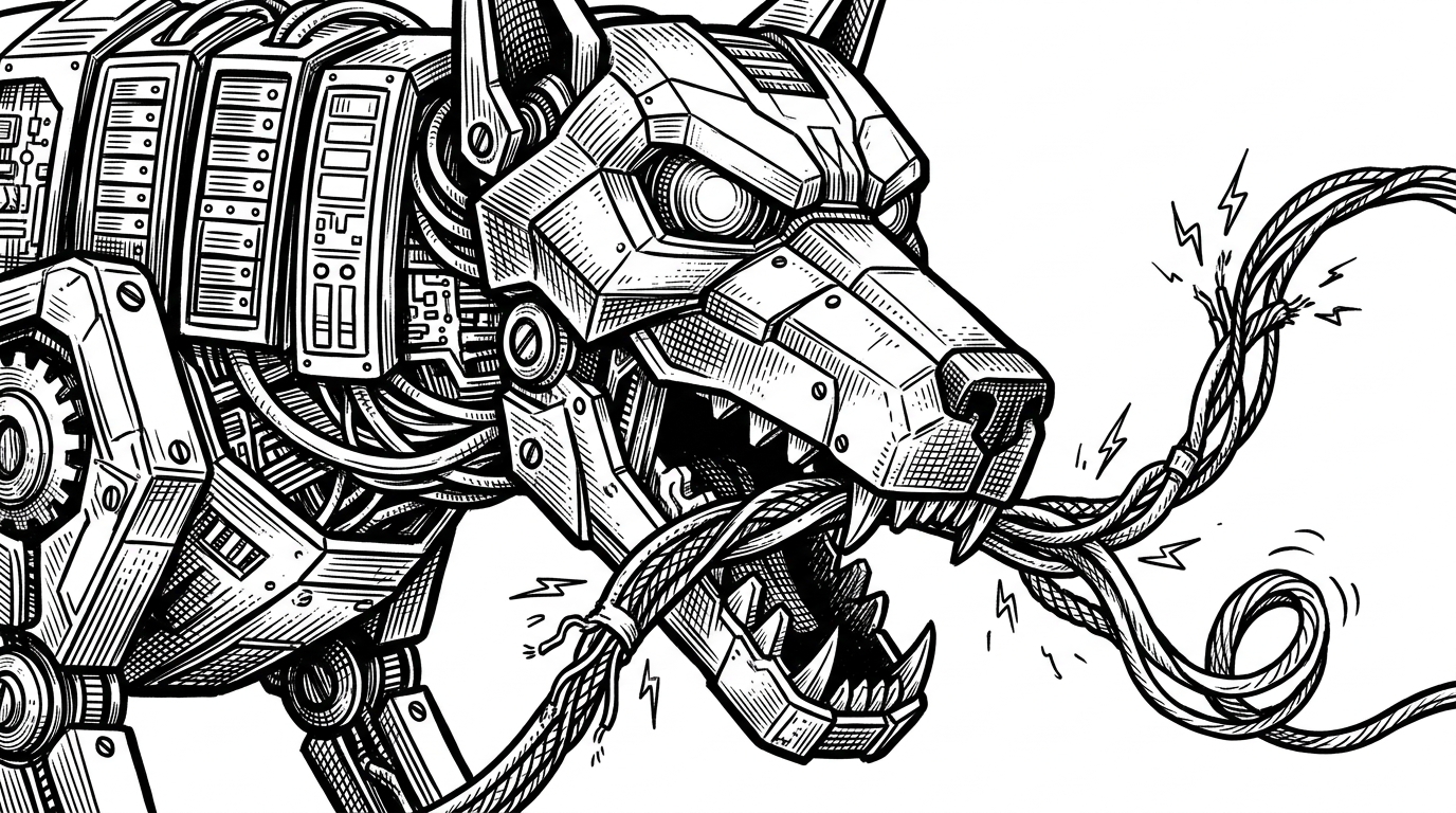 A close-up of a mechanical hound constructed of server racks, its jaws clamped onto a sparking data wire. This represents the Bash script's trap cleanup routines catching hanging API calls.