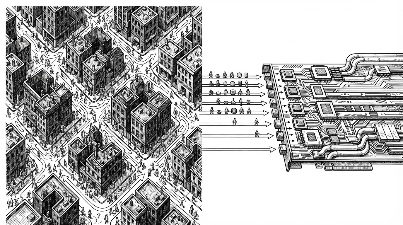 A wide editorial scene split into two halves. On the left, a cluttered grid city traps tiny agents inside streets and blocks. On the right, those same agents collapse into a clean row of state variables that feed a compact GPU-like engine. The image explains EconoJax's core move: removing spatial noise so the economic signal can run faster.