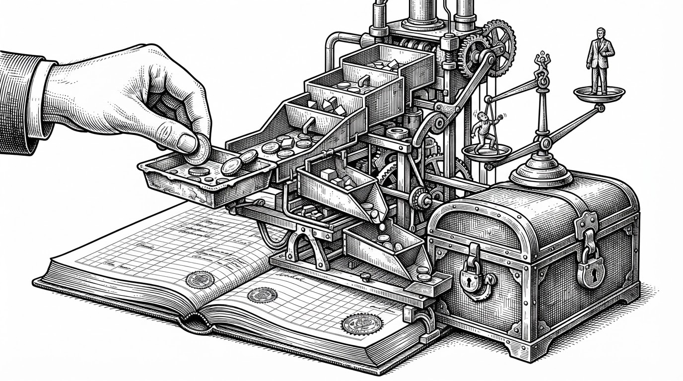 A close-up black-ink illustration of a tax ledger and market escrow mechanism. Coins flow into escrow, pass through bracketed tax tiers, and then move into a government chest while a small inequality gauge shifts beside the ledger. The image explains how taxation is part of EconoJax's learning loop, not a separate accounting layer.