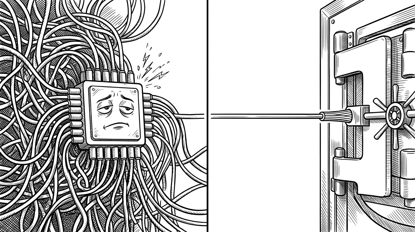A massive mechanical switchboard with tangled cables contrasting with a single sleek fiber-optic line entering a vault. This represents the N x M tool problem of traditional MCP versus Forgemax's streamlined approach.