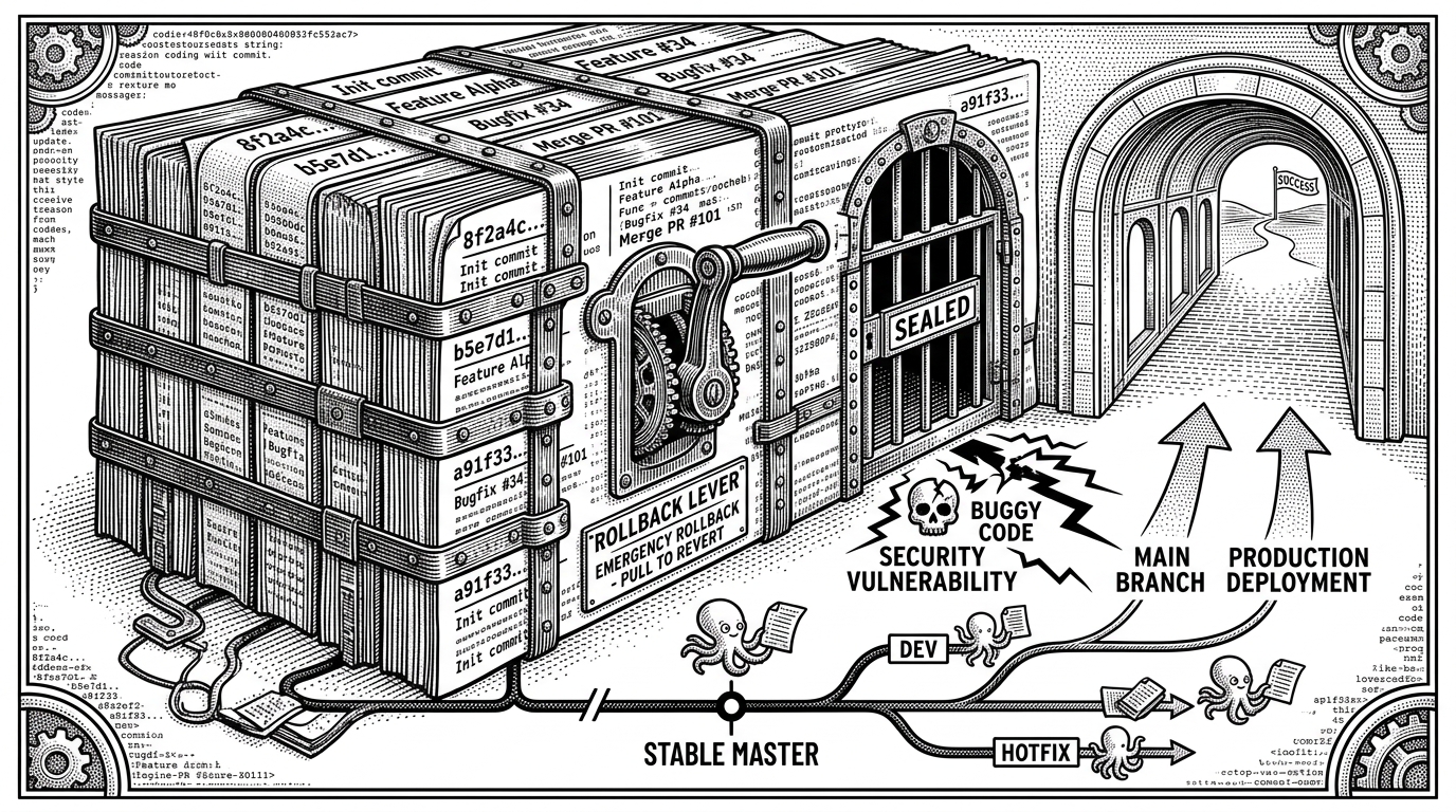 A close black ink illustration of a Git checkpoint vault with ledger pages, hash stamps, and a rollback lever. It shows how Ralph treats version control as a safety net when an agent iteration goes wrong.