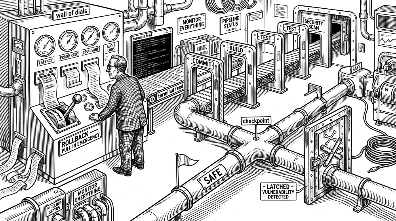 A wide black ink illustration of a coding loop moving through gates under supervision. The scene shows that Ralph does not just launch an agent, it monitors the agent with checkpoints, logs, and a rollback lever.