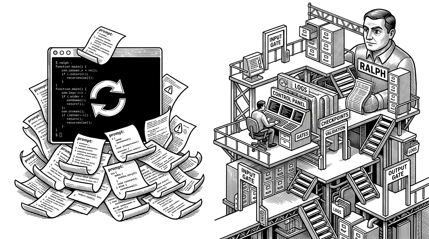 A split-screen black ink illustration contrasts a flimsy terminal loop with Ralph's layered control room. It explains why supervision, logs, and rollback matter more than raw retry logic.