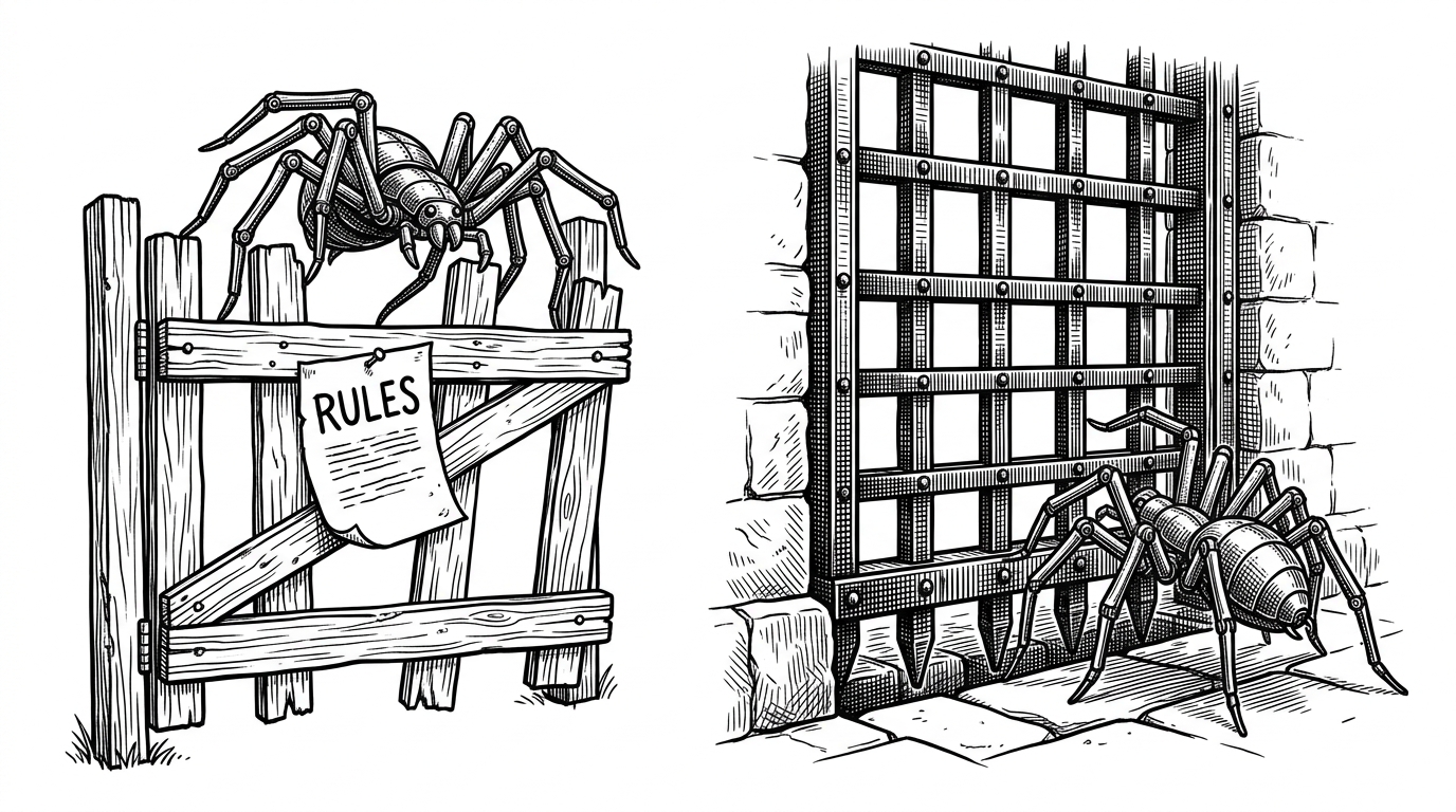 A split composition showing a mechanical spider stepping over a flimsy wooden gate with a rules sign, contrasted with a massive iron portcullis blocking the same spider.