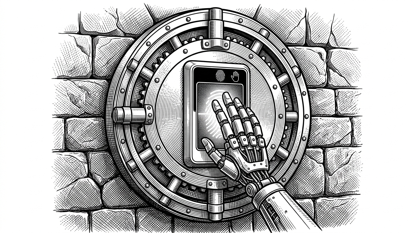 A heavy mechanical vault door with a biometric scanner reading a robotic hand, illustrating zero-trust security for AI agents.