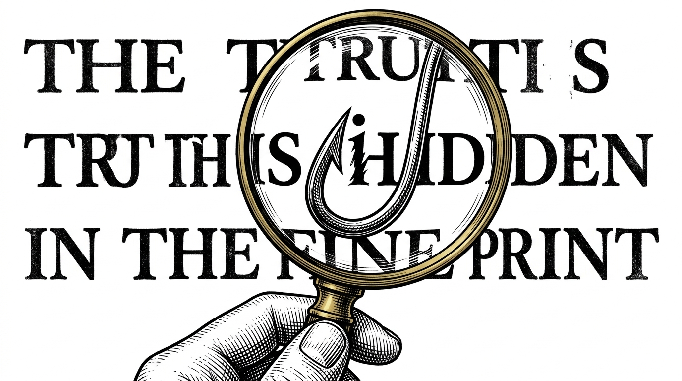 An extreme close-up of a magnifying glass revealing a letter 'a' is actually a barbed fishhook, symbolizing homoglyph attacks.