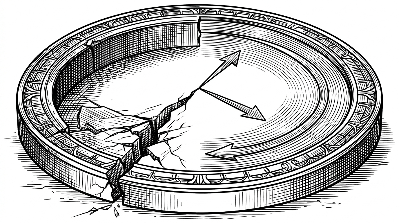 A close-up diagram shows a circular heading representation. One side has a jagged crack where a raw angle wraps from 2π back to 0. The other side traces the same rotation smoothly using two orthogonal vectors labeled visually by their geometry rather than text. The image explains why cos and sin make learned dynamics smoother and more stable.
