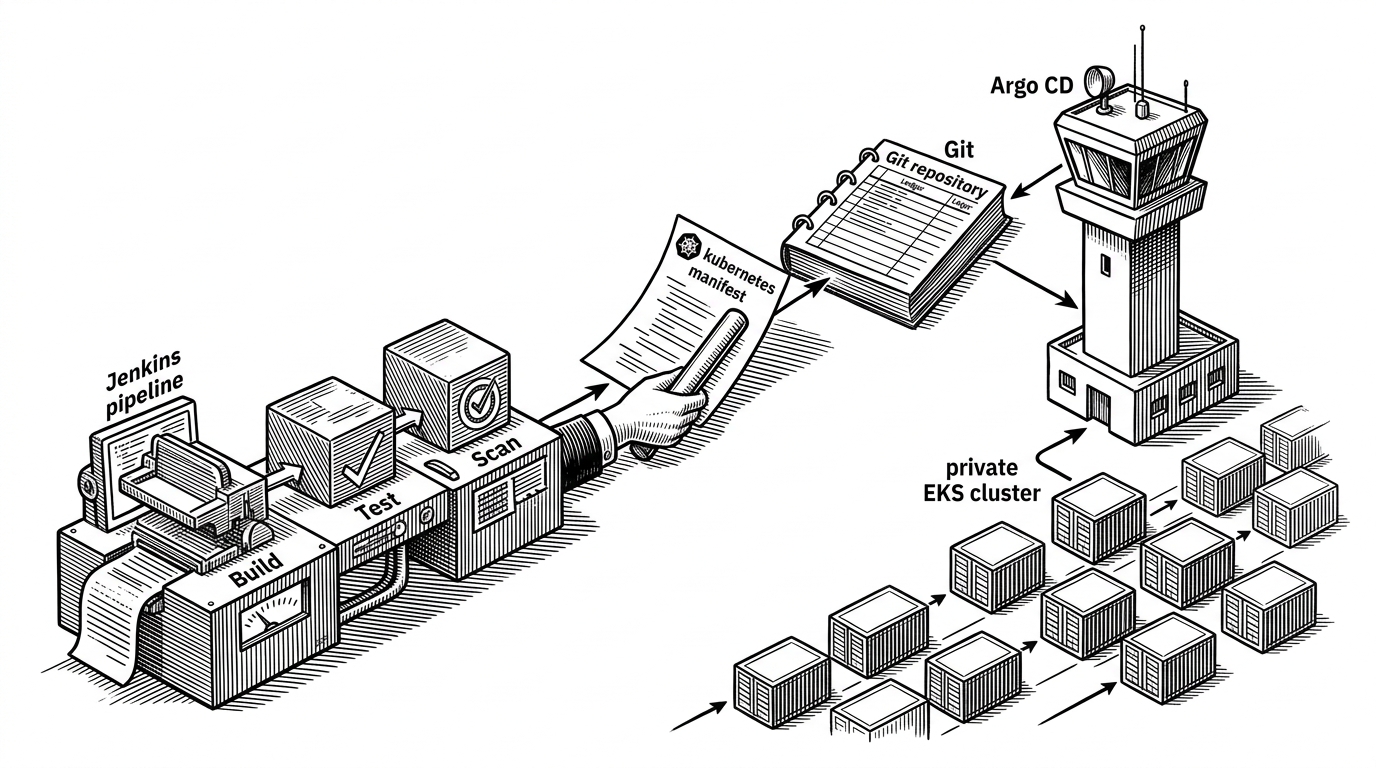A wide editorial scene of a DevOps release path on a white background. On the left, a Jenkins pipeline hands a Git commit baton into a Kubernetes manifest, and on the right Argo CD watches the repo and rolls the change into a private cluster. It explains that Git is the control point, not a deployment script.