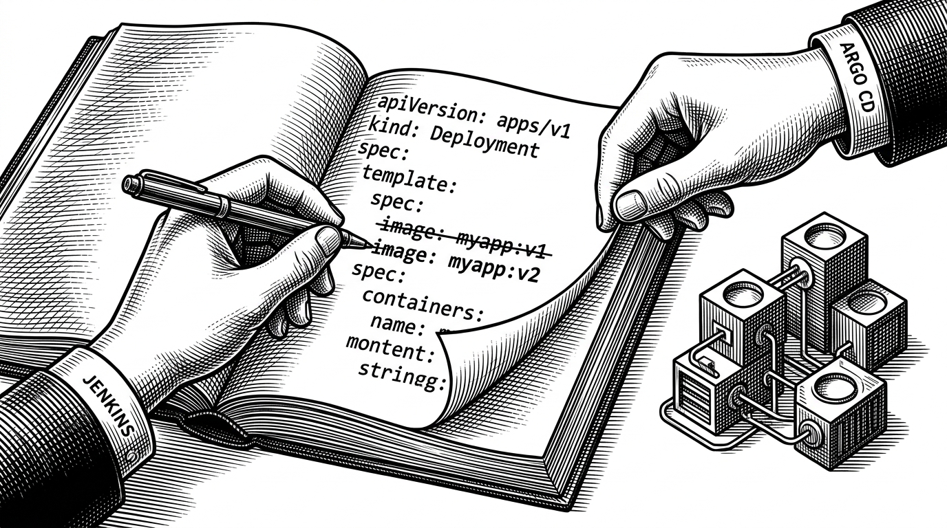 A close editorial scene of a handwritten Kubernetes manifest being edited inside Git. One hand labeled Jenkins changes an image tag in YAML while another hand labeled Argo CD lifts the updated file toward a cluster. It explains how the pipeline deploys by changing desired state, not by calling kubectl directly.