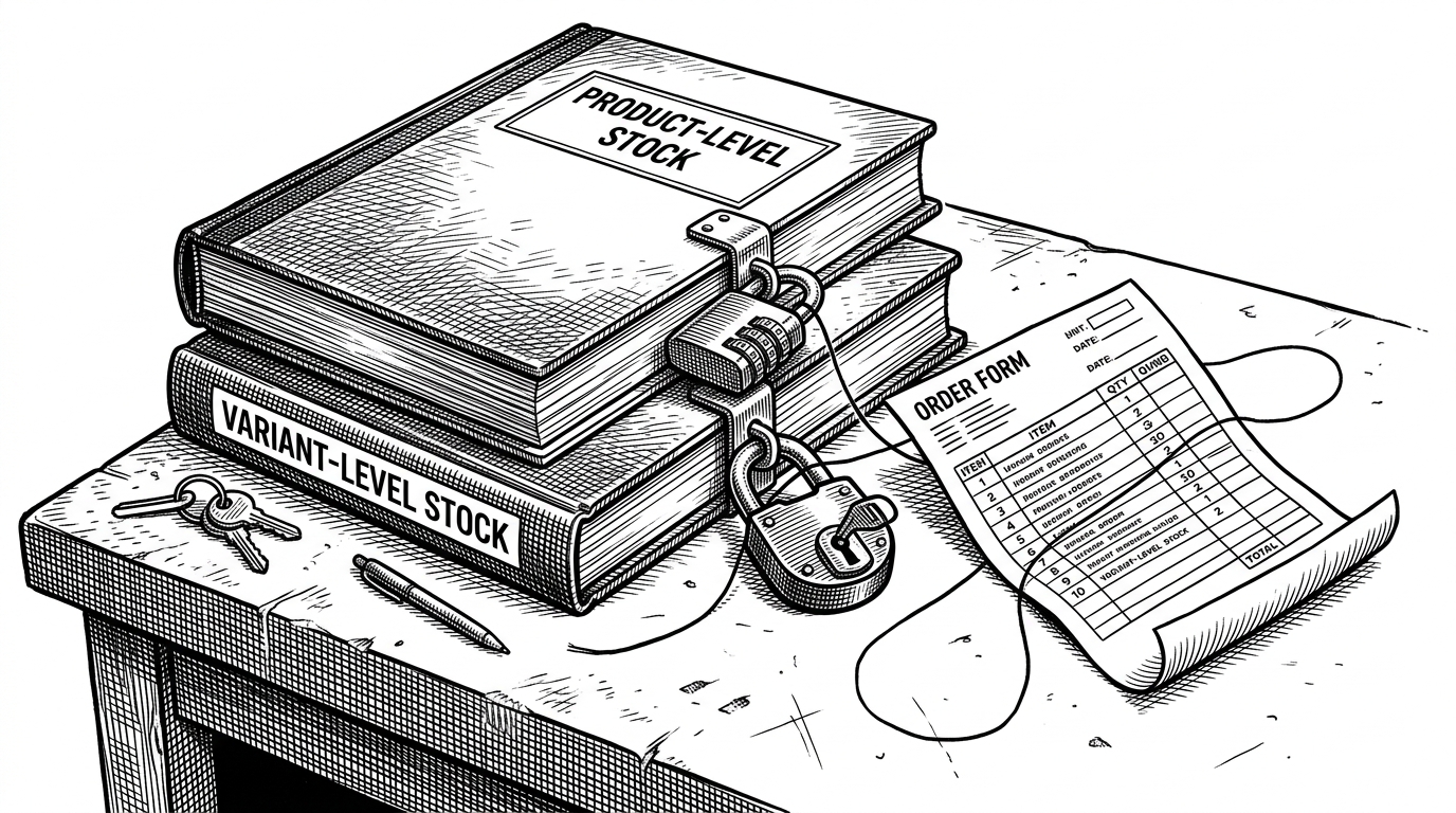 Two stacked inventory ledgers are secured by separate padlocks, one representing product-level stock and the other variant-level stock. A single order form sits to the side, blocked until both locks are held, illustrating the double-lock stock validation pattern used to prevent overselling.
