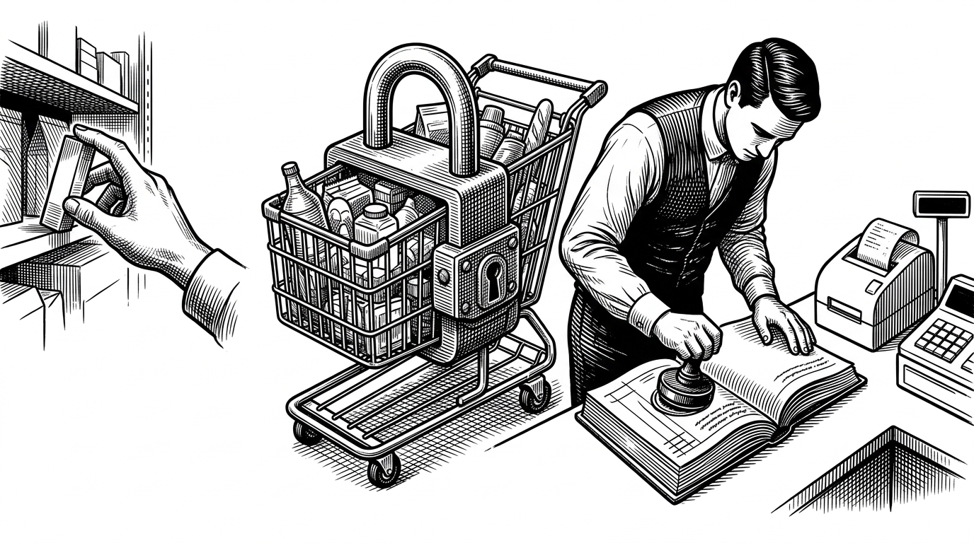A warehouse checkout counter is held in place by a heavy mechanical lock while a clerk stamps a ledger and a hand reaches for the last item on a shelf. The scene explains that MarketHive is built to prevent overselling by making checkout an atomic coordination problem, not a simple form submission.