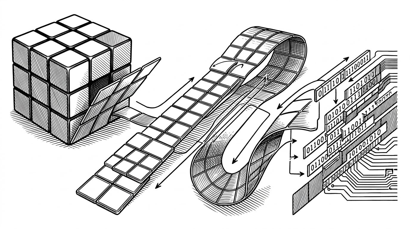 A Rubik's Cube is broken apart into three forms: a visible sticker cube, a flattened strip of faces, and a hardware-like bitboard with arrows showing a move collapsing into shifts and masks. The image explains that the solver's speed comes from changing how the cube is represented before it changes how it is searched.