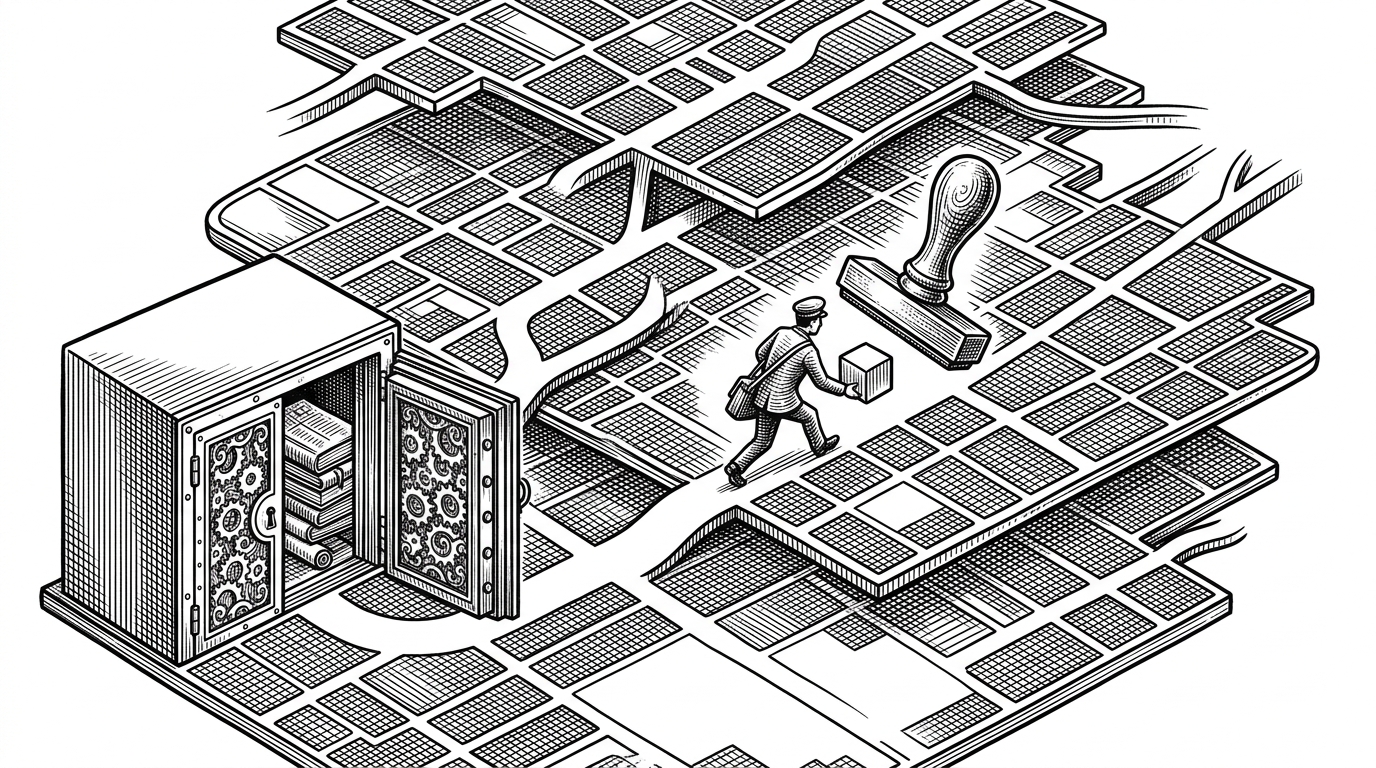 A layered search tree is drawn like a city map with streets and branching roads. At one corner, a vault stores precomputed distances, and a token from the current cube state is stamped with a heuristic value before the next branch is explored. The image explains how memory lets the solver prune work instead of guessing blindly.