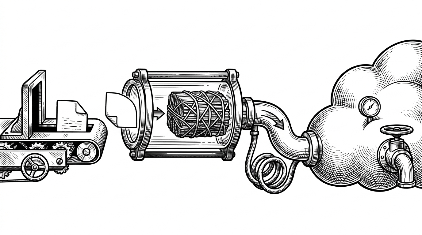 A tight close-up of a file icon entering a small machine, being compressed into a buffer-like chamber, and leaving as a cloud asset. The illustration explains the upload route as a serverless-friendly conversion chain that replaces local filesystem assumptions with streaming to Cloudinary.
