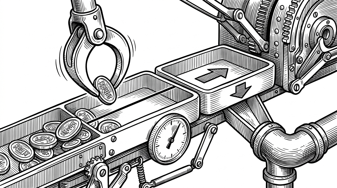 A close-up mechanical scene shows a queue feeding into a single worker arm, which collects small tokens into a tray marked by a threshold line and a ticking timer. The image explains the batcher's two trigger conditions: fill the batch or flush when the wait window ends.
