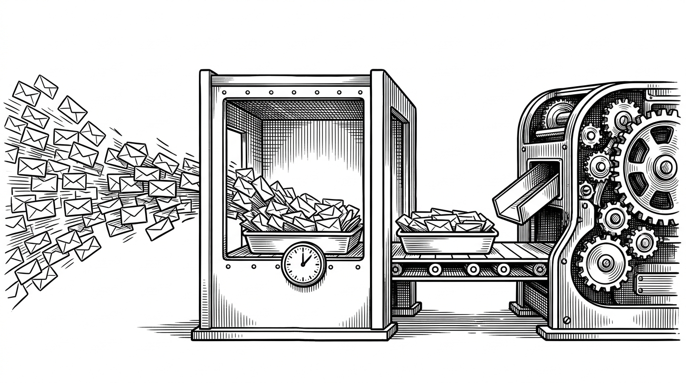 A wide mechanical scene shows many small request packets entering a narrow gateway chamber, where they pause briefly, gather into a single tray, and then move onward as one larger dispatch to a heavy model machine. The image explains how deliberate waiting can improve throughput by converting noisy single requests into efficient batches.