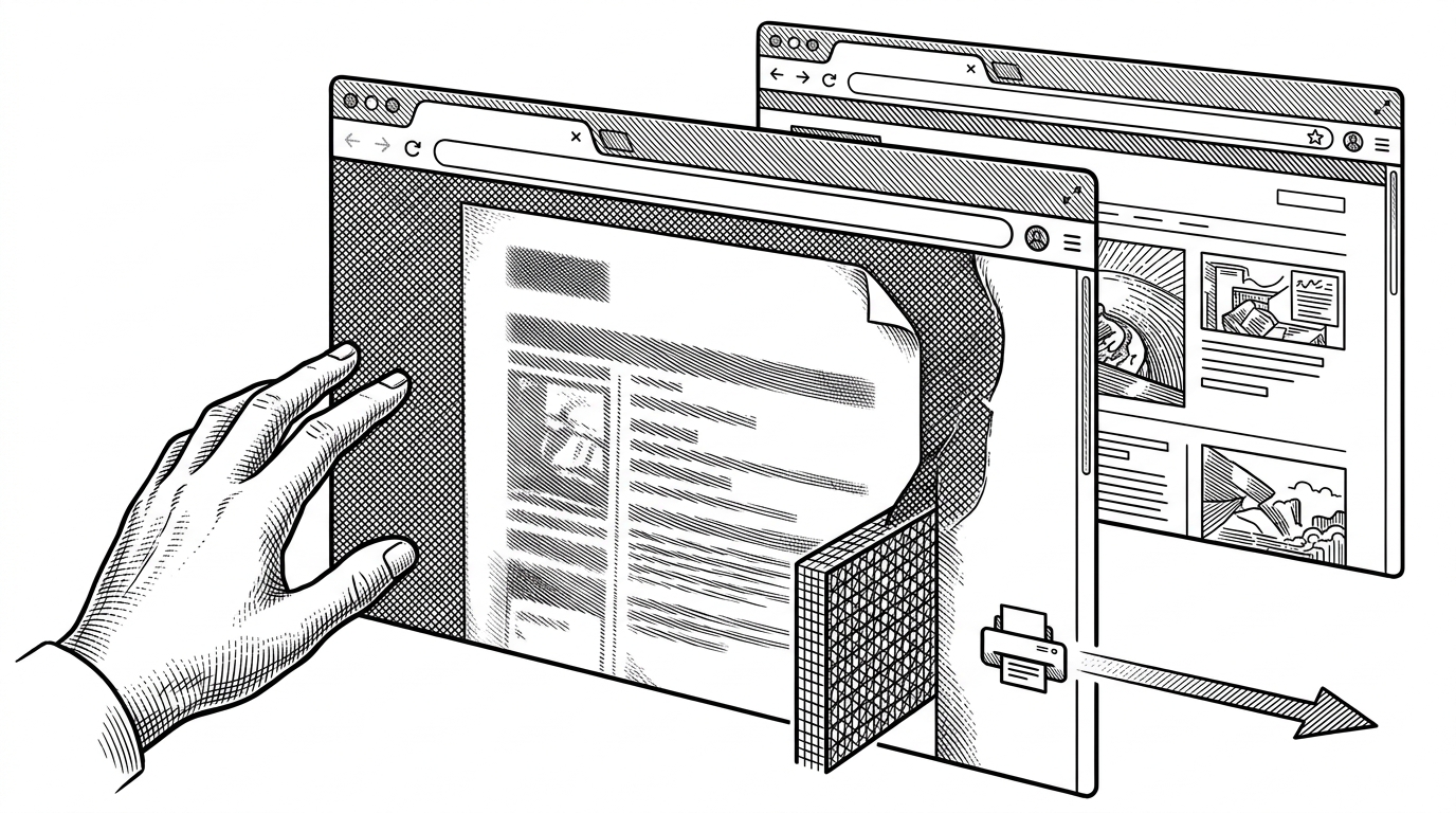 A close-up browser window turns opaque as focus is lost, with the document preview fading into a secure blank overlay. A small printer icon continues moving downstream in the background, showing that viewing and printing are separated. This illustrates how the app hides content when the browser is no longer actively controlled.