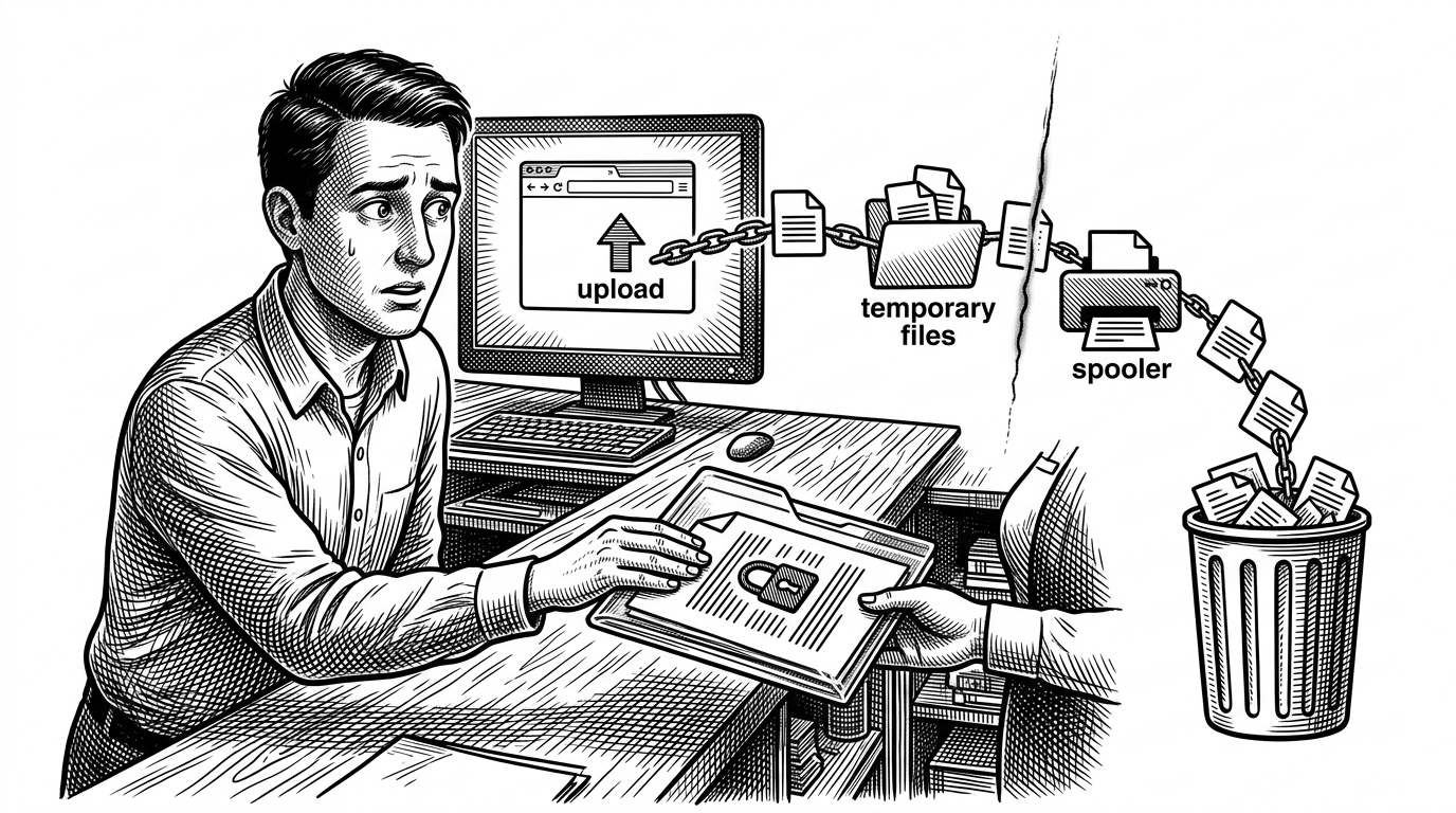 A tense print-shop counter where a document moves from a customer to a browser window, then toward a printer and a trash bin, with a visible trail of copies being erased along the way. The scene explains SafePrint's central idea: every digital surface is treated as temporary and risky.