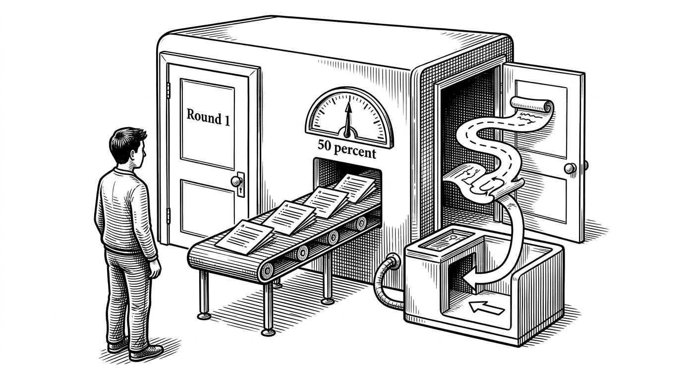 A student stands before a machine with two doors, one for Round 1 and one for Round 2. A gauge marked at 50 percent decides whether the learner advances into a richer roadmap path or loops back into review, showing the repo’s thresholded progression model.