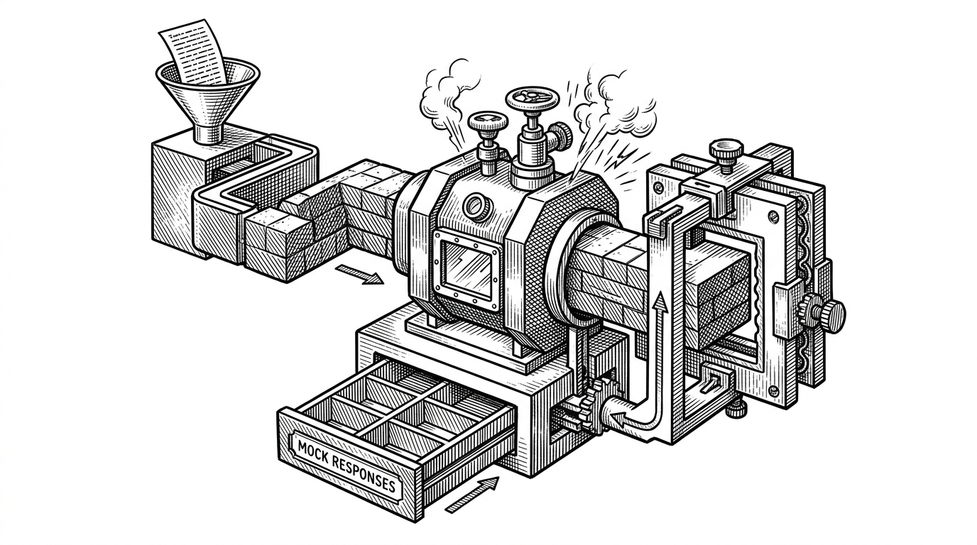 A close-up pipeline turns sanitized input into a prompt, then into a model response, then into a strict schema frame. A backup drawer labeled mock responses sits underneath, showing how the system stays functional when live model calls fail.