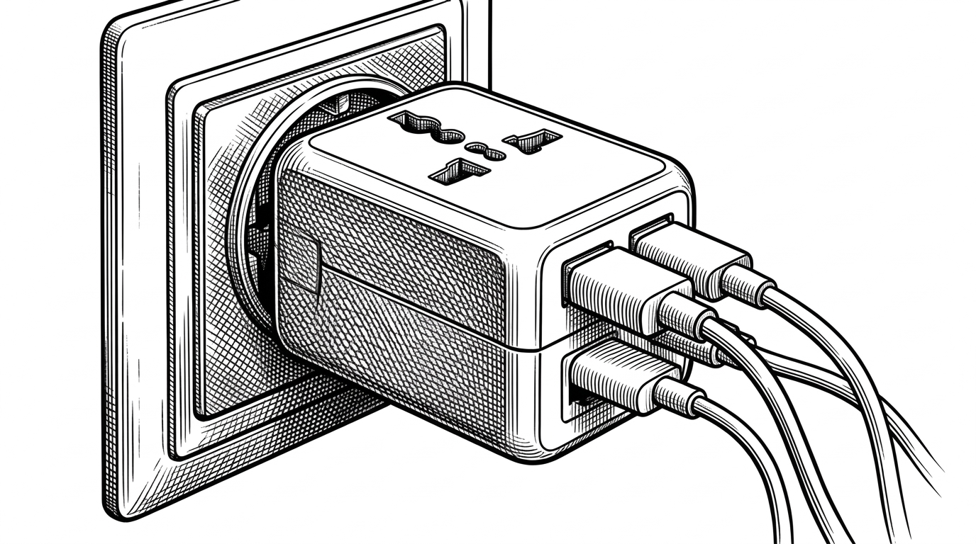 A detailed close-up of a universal travel adapter block plugged into a complex, older wall socket. Various sleek, modern cables plug smoothly into the back of the adapter.