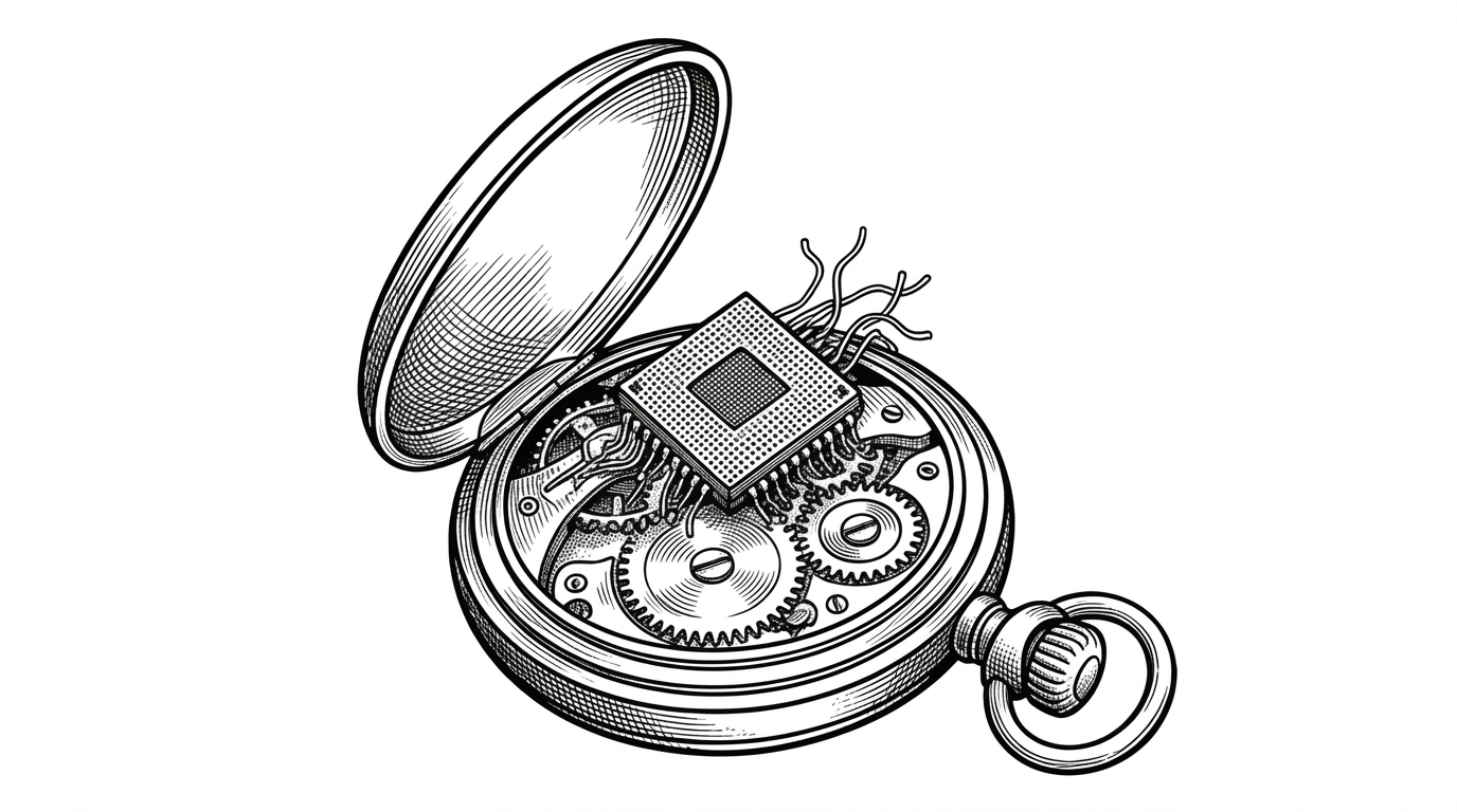 A classic mechanical pocket watch opened up, with a modern silicon microchip awkwardly wedged between the brass gears, jamming the mechanism.