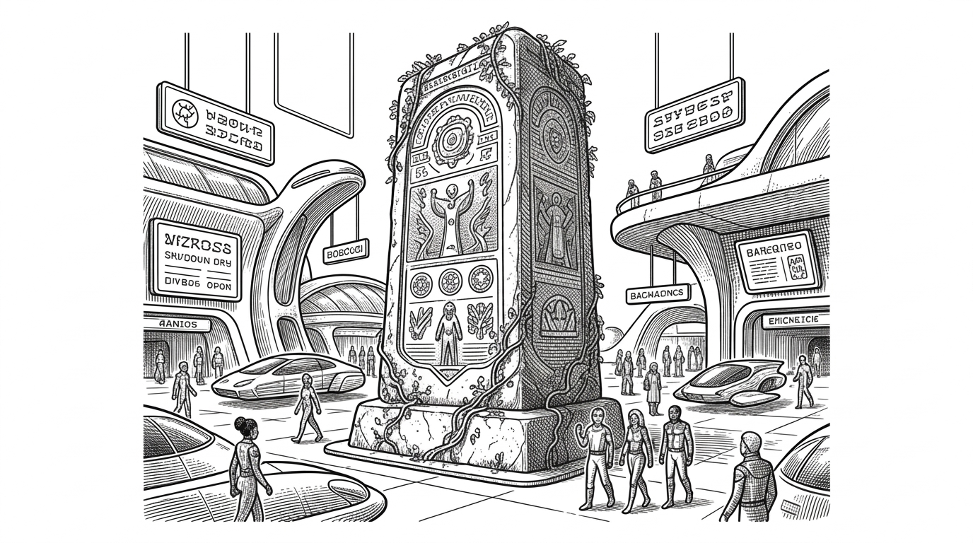 A massive, beautifully carved stone monolith with vines growing over it, standing firmly in the center of a bustling futuristic transit hub.