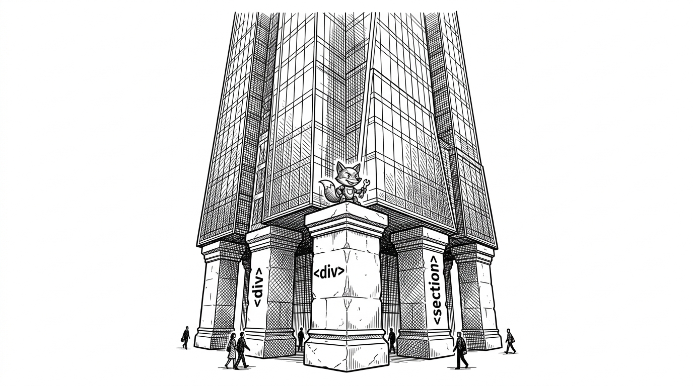 A grand glass skyscraper supported by classic stone pillars labeled with HTML tags, representing modern UI built on fundamental web technologies.