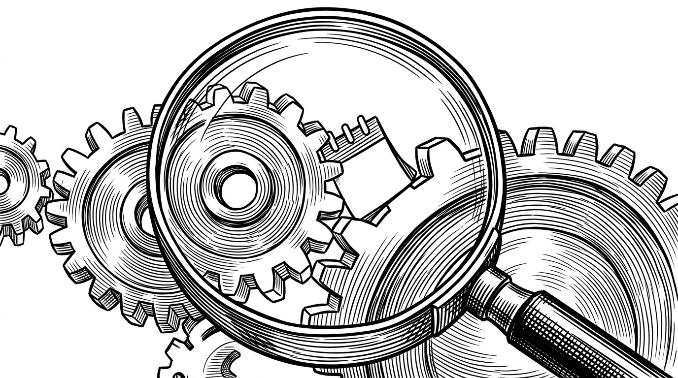 A magnifying glass hovering over mechanical gears, where one gear checks a calendar-shaped tooth against a slot.