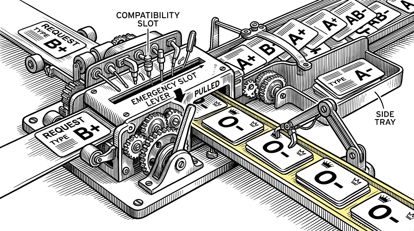 A close-up editorial scene of a donor filter gate with an emergency lever pulled down. Ordinary donor cards are sorted to the side while O-negative cards move forward into the highlighted lane. The image explains how Bloodify changes from normal compatibility filtering to urgency-first matching.