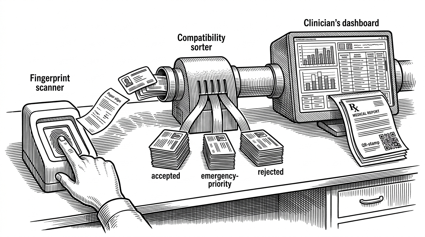 A wide editorial scene showing a fingerprint scanner feeding donor cards, compatibility filters, charts, and a verified medical PDF into one continuous workflow. The image explains that Bloodify is not just a dashboard, but a pipeline that turns biometric intake into a clinical decision.