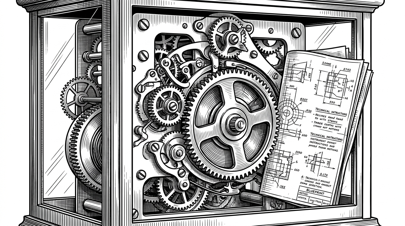 A vintage mechanical clockwork mechanism with a neatly folded paper blueprint sitting inside the glass casing next to the brass gears. This illustrates the concept of instructions living natively alongside the logic in a repository.