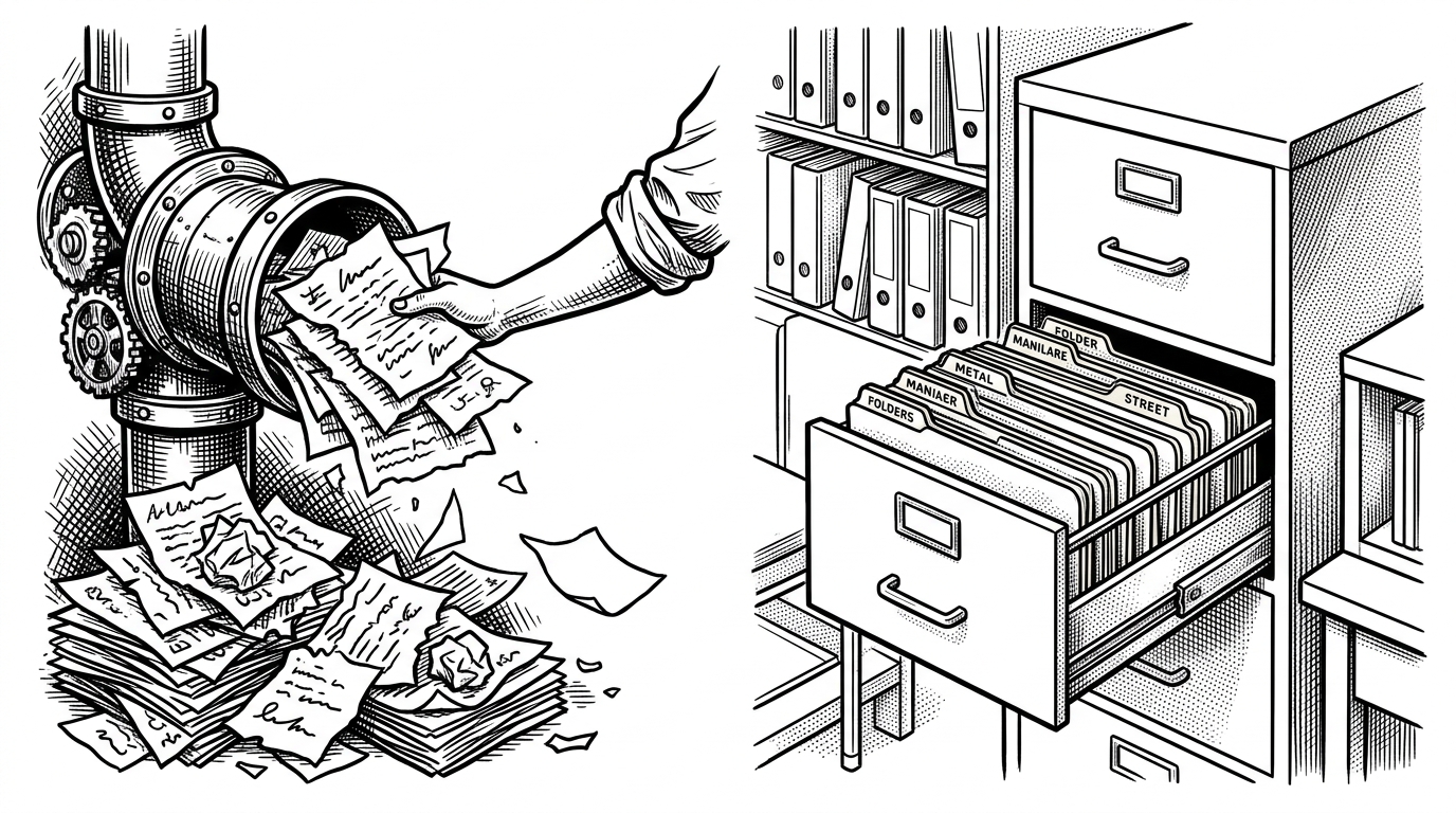 A split composition showing a messy pile of torn paper scraps being shoved into a pneumatic mail tube on the left, and neatly sorted folders with stamped metal index tabs sliding into a filing cabinet on the right. This contrasts flat text prompts with strict XML-tagged prompts.