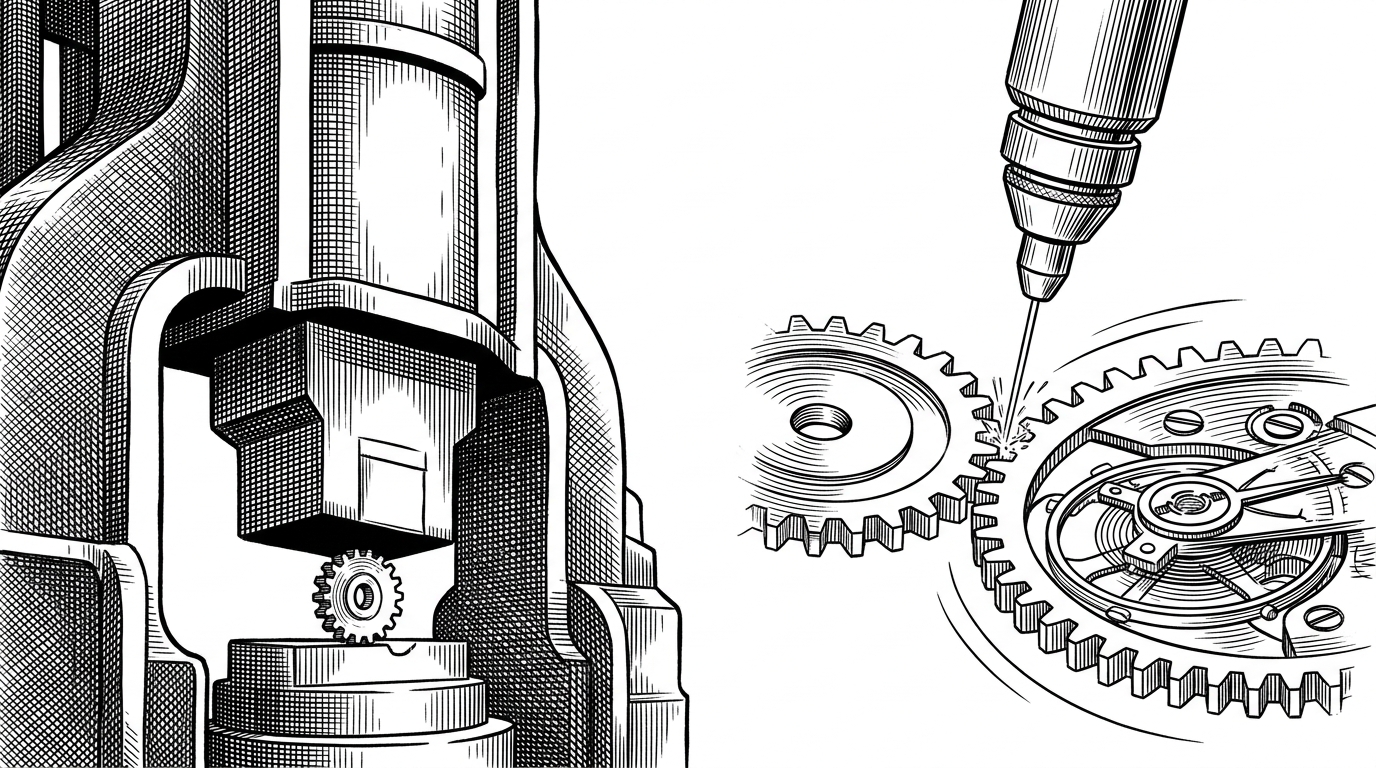 A split illustration showing a massive drop forge crushing a gear on the left, and a precision laser modifying a gear on the right. This represents the difference between a full server reload and targeted asset injection.