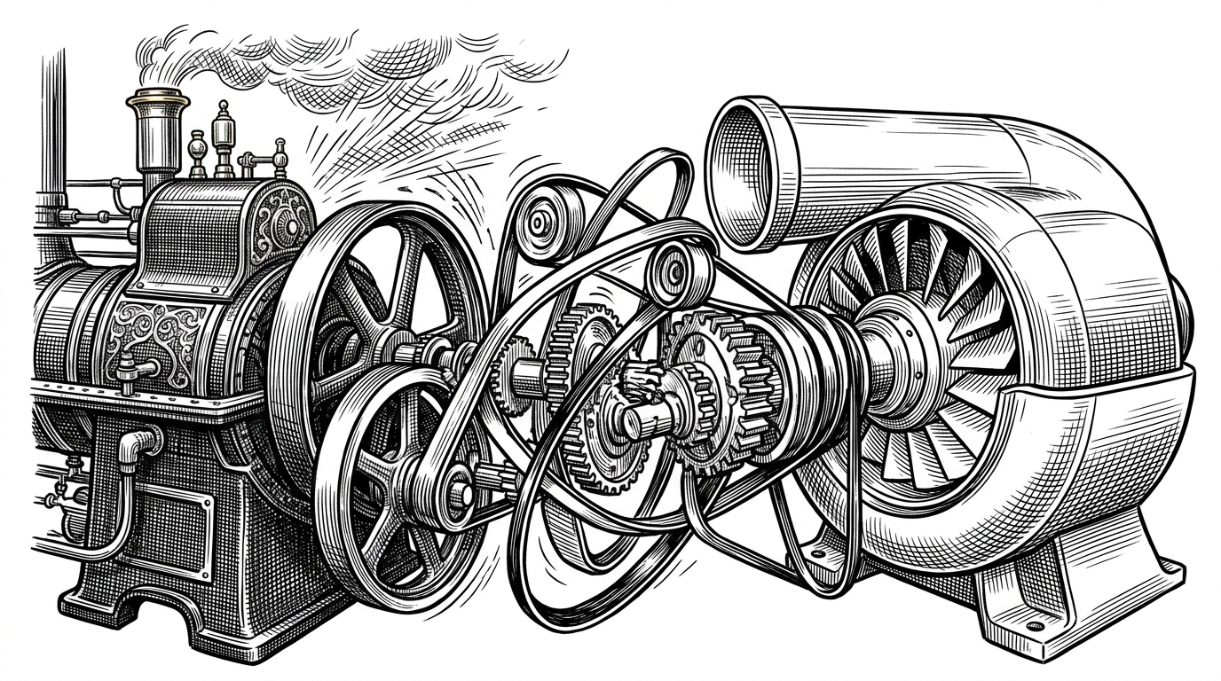 An illustration showing two massive, distinct engines trying to turn the same drivetrain, representing the friction of running Python and Node.js side by side.