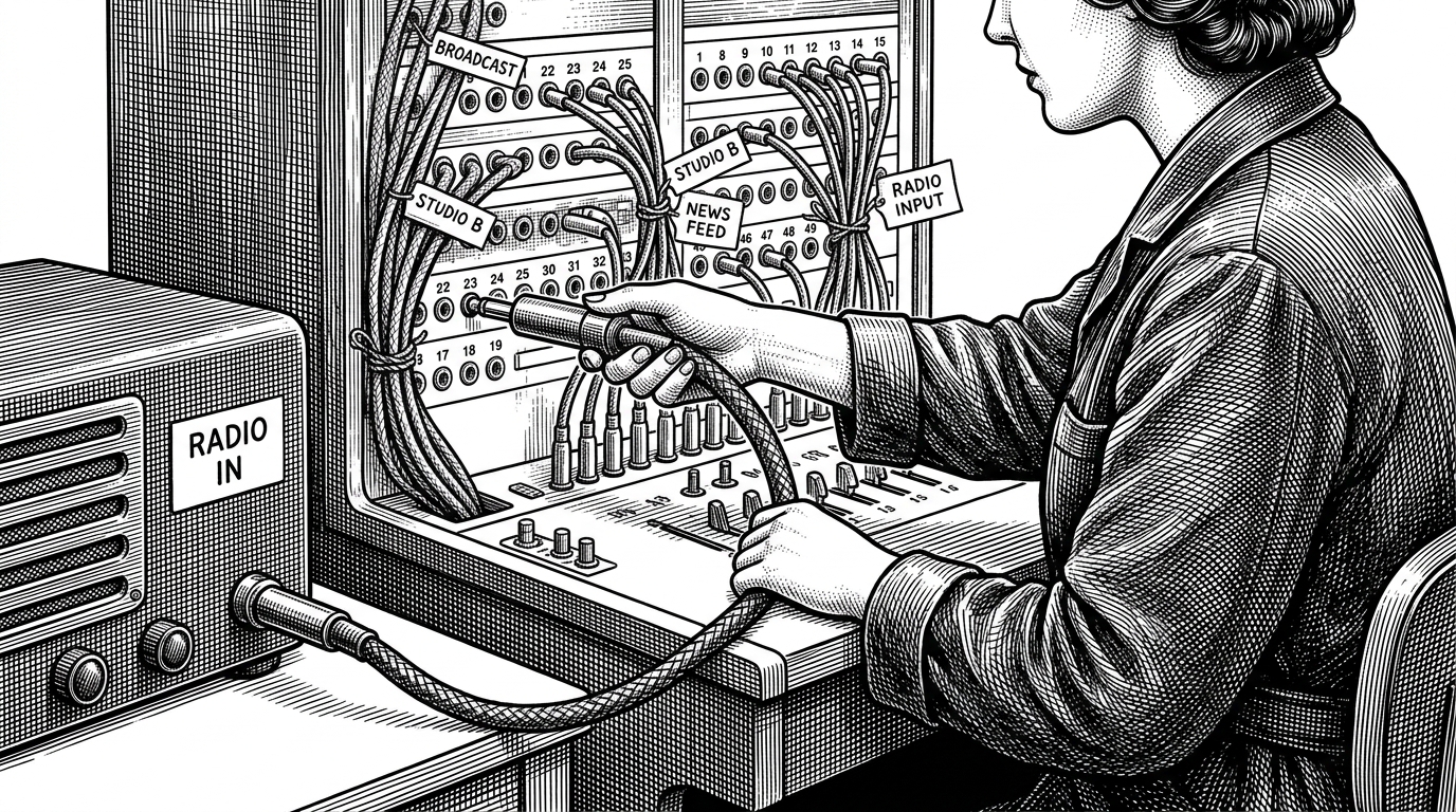 An illustration of a vintage telephone switchboard where a single operator is plugging a thick cable directly from an external receiver into the main desk.