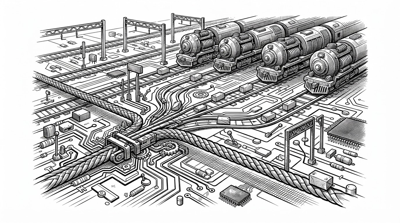A wide rail-yard circuit-board scene where one braided transport line splits into several parallel lanes and then rejoins, suggesting one QUIC connection spread across paths and cores. It explains that this fork treats transport as a system that can be rerouted and recomposed instead of a fixed pipeline.