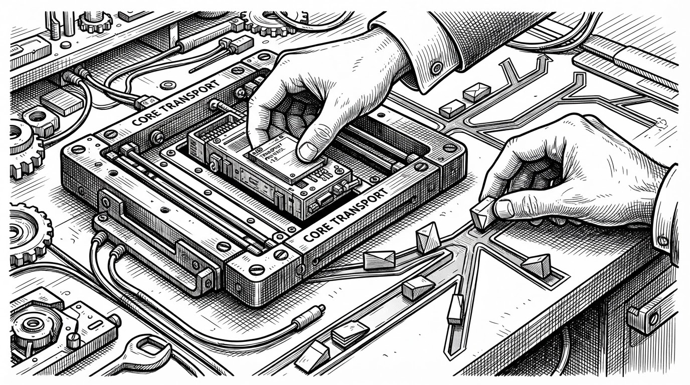 A close-up workbench showing a modular frame being fitted into a transport engine, with packets routed into separate lanes and small parts labeled by function through context rather than text. It explains how the fork behaves like a protocol workbench where behavior can be inserted and rerouted.