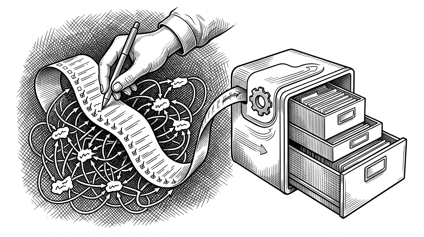 A close-up of a repeater field being unpacked into a nested array structure. On one side, a developer’s hand manually writes a long loop with subfield checks. On the other side, a compact routing path carries the same data into neatly nested boxes that represent the returned structure.