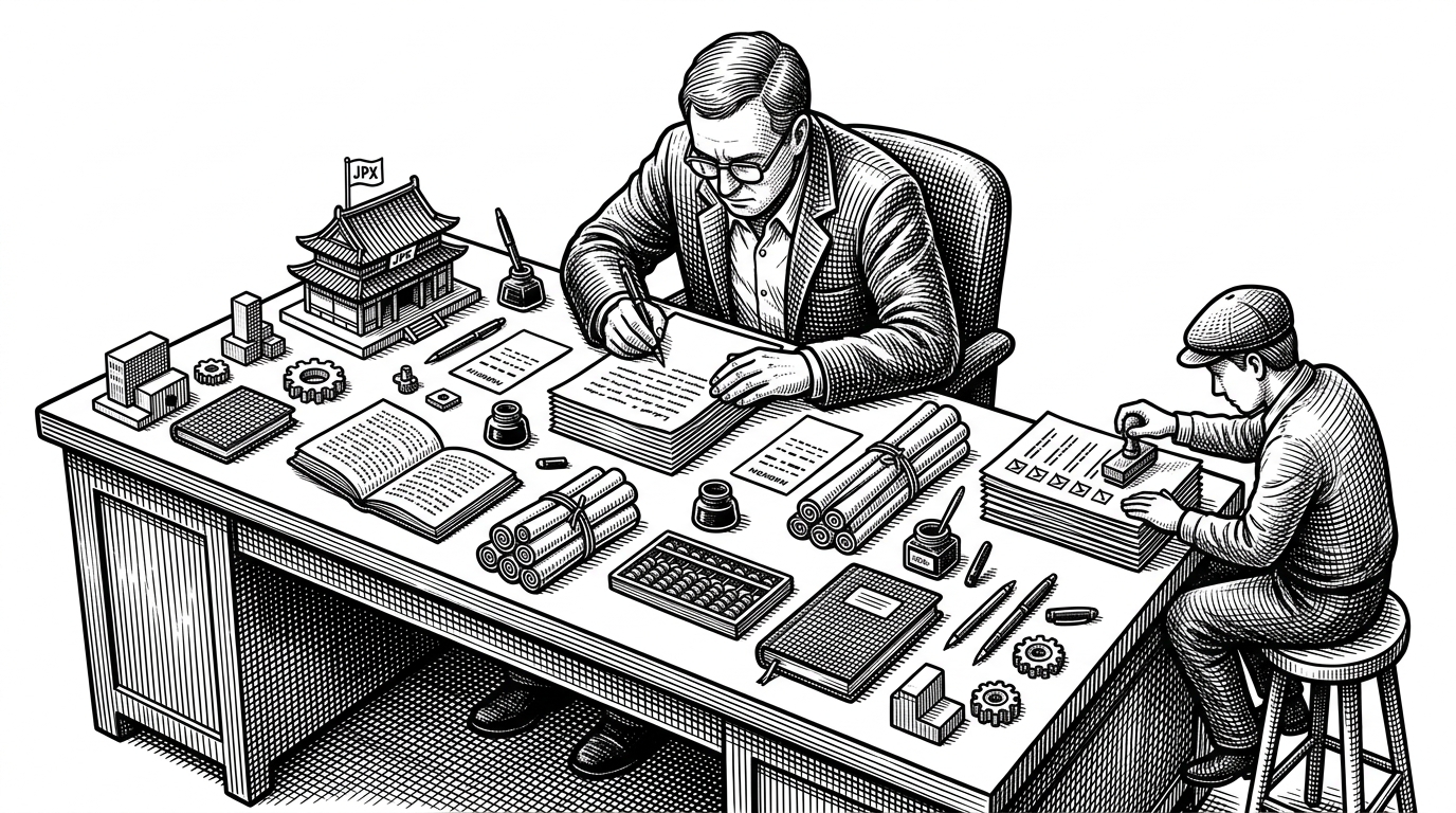 A wide editorial scene shows a lone terminal desk with two separate figures working side by side. One figure writes market analysis on stacked pages while a smaller second figure stamps the pages with a checklist, explaining the project’s actor-critic design.