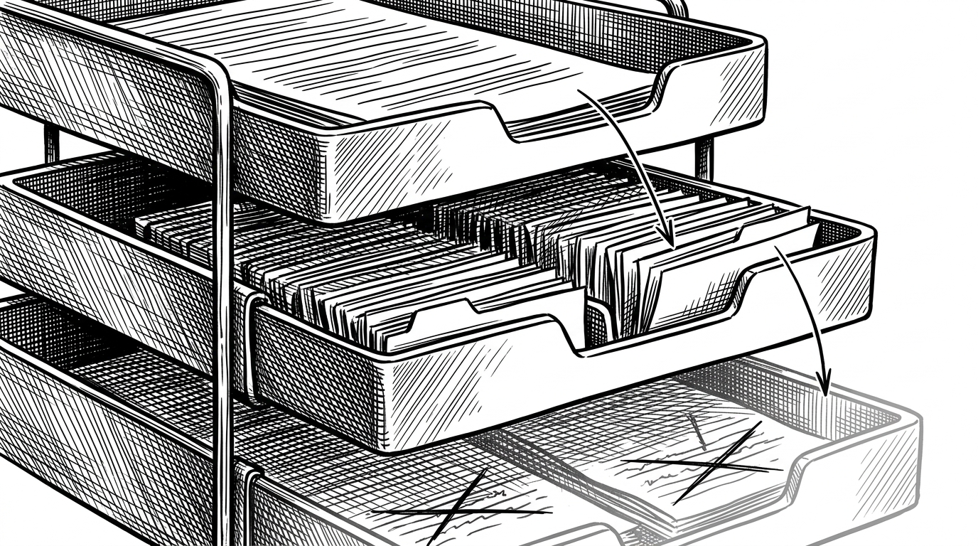 A close-up illustration shows a layered memory ledger with fresh notes at the top, recent user preferences in the middle, and faded older entries at the bottom. Arrows and crossed-out marks show how older context loses weight while recent context stays vivid.
