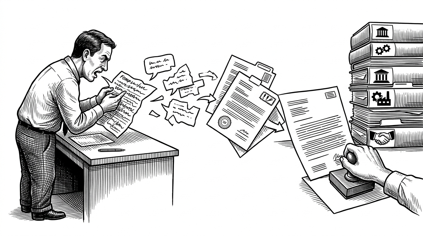 A citizen speaks a messy complaint into a civic desk while a formal letter emerges on the other side and is stamped toward departmental files. The scene explains the core idea: software that translates everyday frustration into bureaucratic language the state is more likely to process.