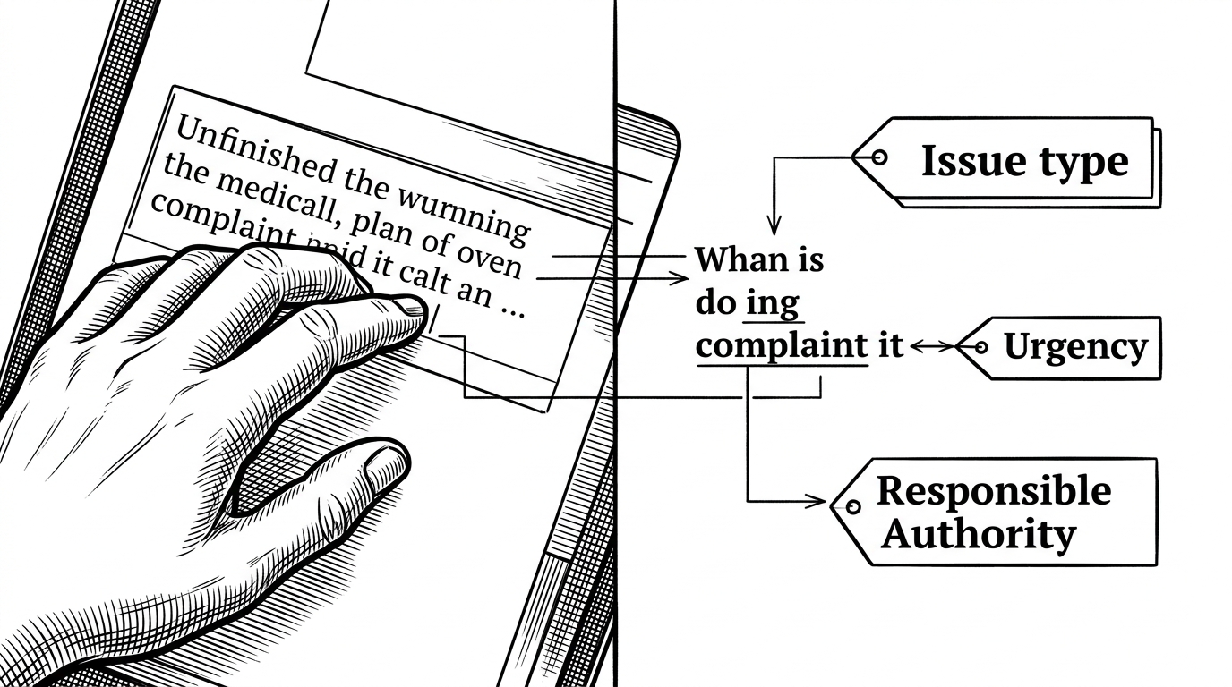 A close-up of a complaint being typed on one side and instantly separated into issue type, urgency, and department on the other. The illustration explains how live parsing shows the hidden classification layer before submission.