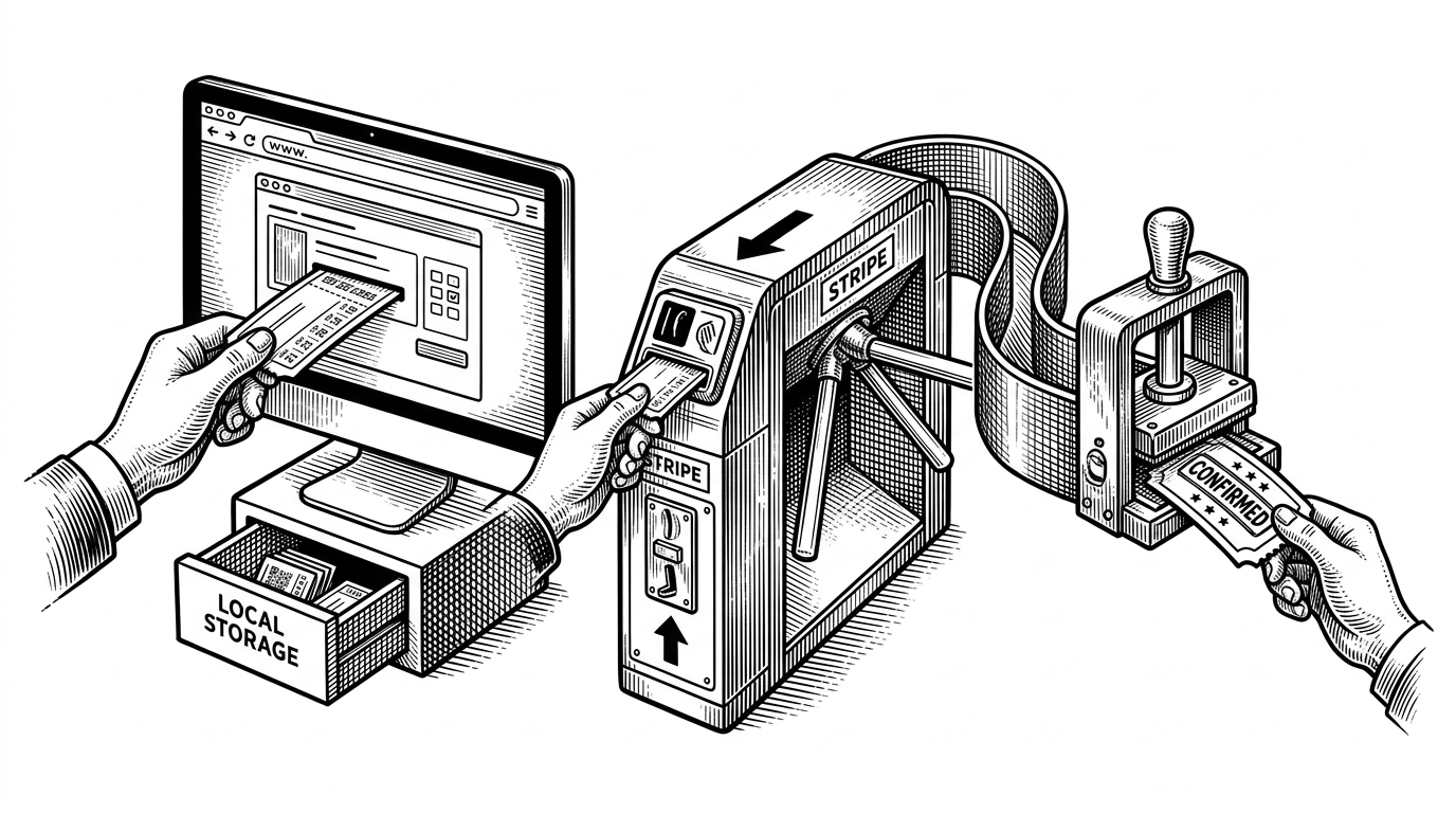 A cinema ticket gate staged like a relay checkpoint. A browser window hands booking intent into a narrow payment corridor, then the same ticket emerges on the far side stamped as confirmed, with a small storage drawer tucked beneath the browser frame. It explains how the app waits to persist the booking until the user returns from checkout.